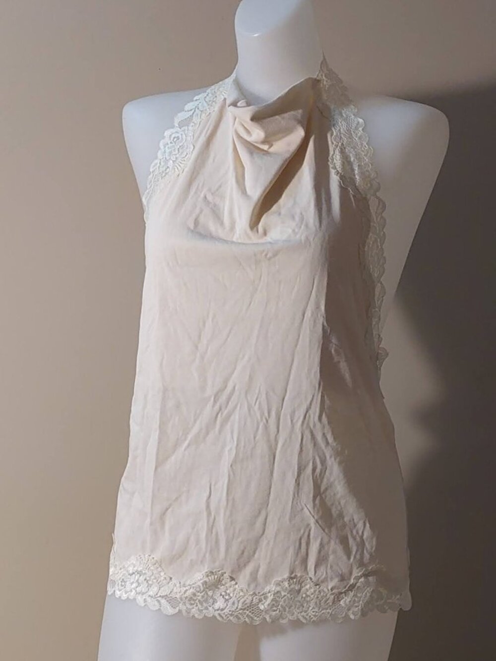 Mango (MNG) Ecru Cream Kristen Draped Lace Detail Cotton Halter Top Size: M